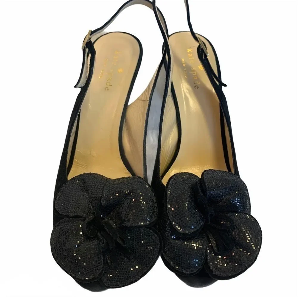Kate Spade Gael Black Suede Slingback Platform Heels Floral Peep Toe Sz 6.5